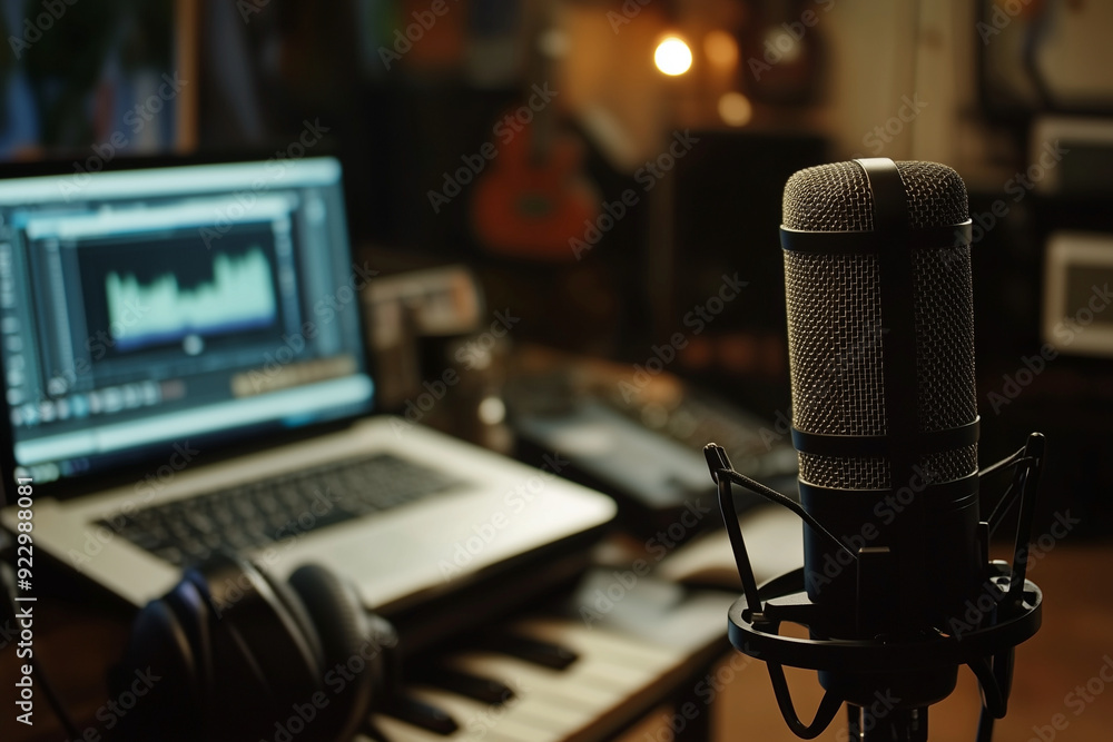 Poster microphone is on a table next to a laptop. the microphone is plugged into a computer. the laptop is 