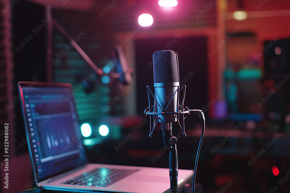 Aufkleber microphone is on a stand next to a laptop computer. the laptop is open to a screen displaying a grap