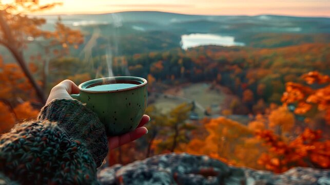 A cup of green tea in hand overlooking a landscape painted in the hues of fall . Looping 4k video animation background