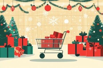 Christmas shopping cart, mall with holiday music and lights, festive environment, flat design illustration