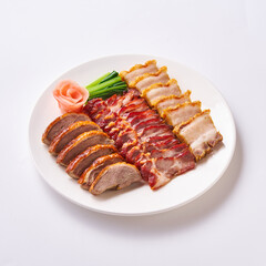 Roast pork and crispy pork with Chinese sausage on a white plate with side vegetables and pickled ginger.