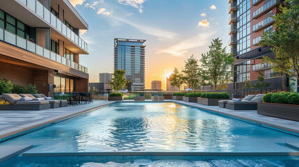 Luxury Apartment Pool Area at Sunset with City Skyline View

