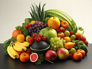 Side view from afar fruits wooden basket of grapes apples persimmons citrus fruits.