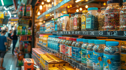 Colorful display of various bottled merchandise. 