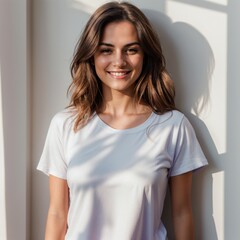 Fototapeta premium Happy woman in white t-shirt bathes in gentle sunlight creating shadow 