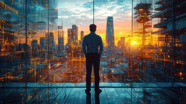  REAR VIEW OF PROFESSIONAL ENGINEER MANAGER STANDING CONCENTRATE FOCUS MULTI EXPOSURE WITH BUILDING CONSTRUCTION INDUSTRY BACKGROUND CONSTRUSTION ENGINEER CONCEPT 