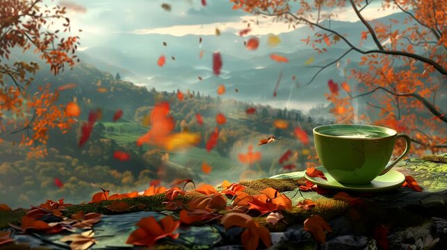 A cup of green tea overlooking a landscape painted in the hues of fall . Looping 4k video animation background