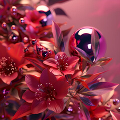 View of 3d blooming flowers,
Vivid fushia color background
