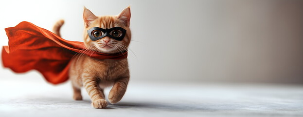 Cat in a superhero costume. Kitten superman in a red fluttering cape.
