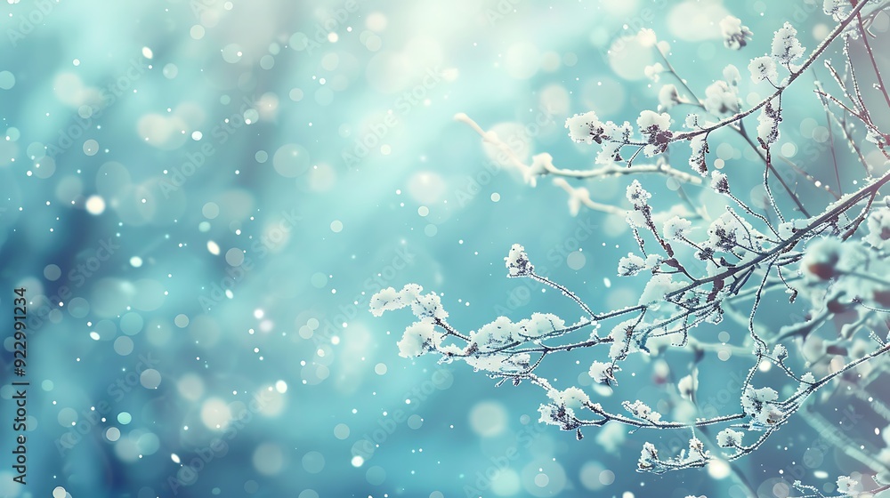 Poster close-up of snow-covered branches with a bokeh effect, creating a winter wonderland. the light blue 