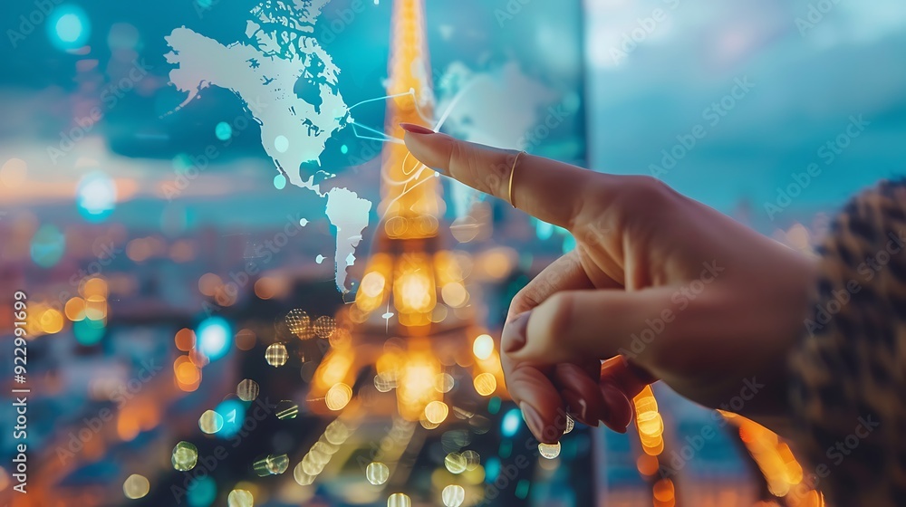 Poster finger touching a screen displaying a world map, symbolizing the digital exploration and interconnec