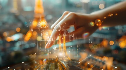 Hand Reaches out to touch the Eiffel Tower, which is a digital representation, with glowing symbols all around representing data and connection.