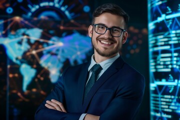 Fototapeta premium Digital Transformation Champ - Cheerful Male Tech Professional in Modern Work Attire with Tech-Themed Backdrop Poses for Camera