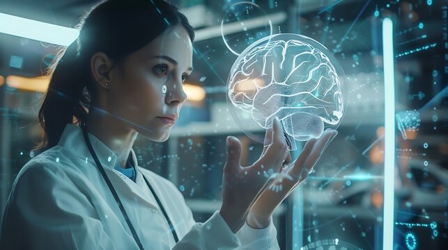 Female scientist in a white lab coat is studying a 3D hologram of a brain, surrounded by technological interfaces and data.