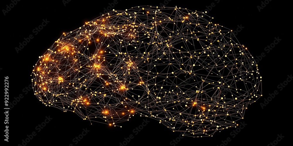Poster an abstract representation of a human brain showcasing intricate neural connections and glowing node