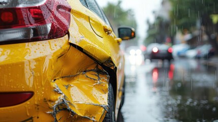Damaged yellow taxi car on rainy street, showcasing the aftermath of an accident with rain-soaked surroundings.