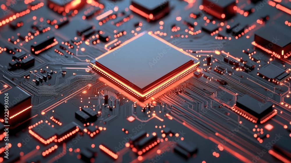 Aufkleber a close-up of a computer circuit board with glowing red lines. the board is made of black metal and 