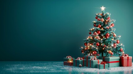 Beautiful lighted christmas tree with gifts on a teal background