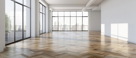 Fototapeta premium Spacious and modern interior with large windows and elegant wooden flooring, ideal for showcasing minimalist designs.