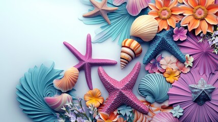 Beautiful 3D starfish and shells in vibrant colors, creating a stunning magazine cover with floral accents, set on white