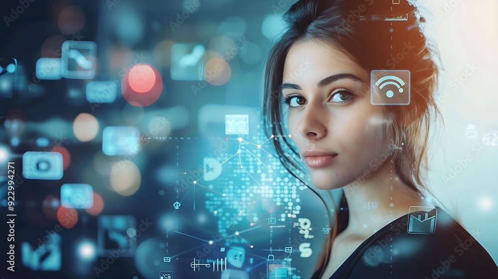 Poster woman with a calm determined expression is seen in the center of a digitally-generated world, surrou
