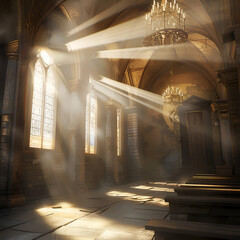 Rays of the sun light in the mosque window,
Photo of sunshine shining through a window in the style of romanesque

