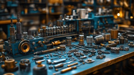 A Set Of Metal Parts Of Various Sizes And Shapes.   Illustration On The Theme Of Industry And Manufacturing, Parts And Mechanisms.  Generative AI
