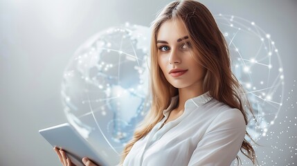 Young woman holding a tablet in front of a digital globe representing global connection and communication.