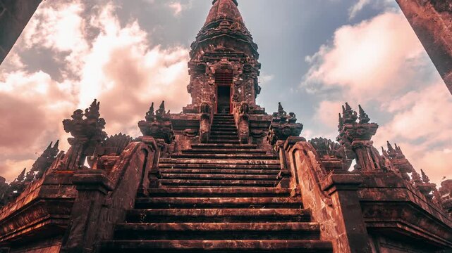 Bajra Sandhi or Monumen Taman Mumbul monument to the struggle for independence in the rays of the rising sun. Bali, Indonesia. 4K Aerial view