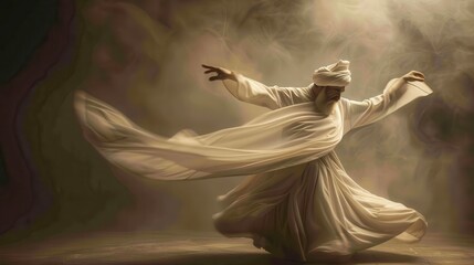 A Sufi dancer in traditional attire spins elegantly, surrounded by swirling fabric and soft light