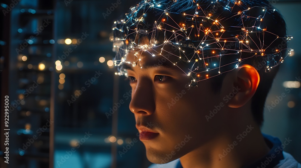 Poster a brain is shown in a computer monitor with a red glow. the brain is surrounded by a blue and red ba