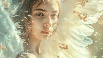 Artist illustrates portrait of woman with soft ethereal angel wings for radiating warmth and beauty spiritual elegance fantasy character concept.