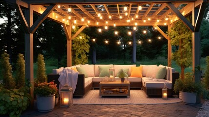 Fototapeta premium Outdoor Patio with Cozy Seating and String Lights
