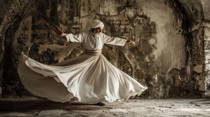 The dancer elegantly spins in traditional attire, embodying the rhythm and tranquility of the moment