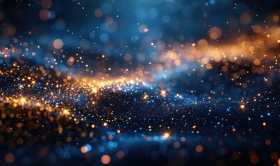 Fototapeta premium abstract background with gold stars particles,sparkling on navy blue christmas golden light shine particles bokeh on navy blue background 2024 new year background gold foil texture.