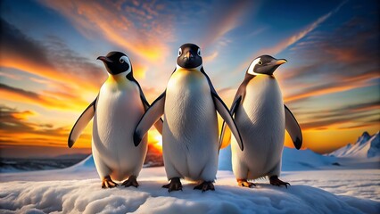 Obraz premium Three Penguins in the Antarctic Sunset.