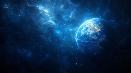 Fototapeta premium Luminous Earth against a dark blue space background with realistic lighting, highlighting global political and social commentary.