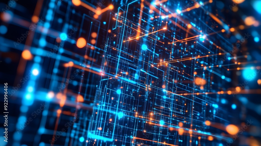 Poster a computer generated image of a city with orange and blue lights. the image is of a futuristic citys