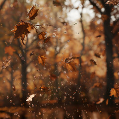 Macrophotography Leaf with drops of dew,
Falling autumn leaves against a forest backdrop

