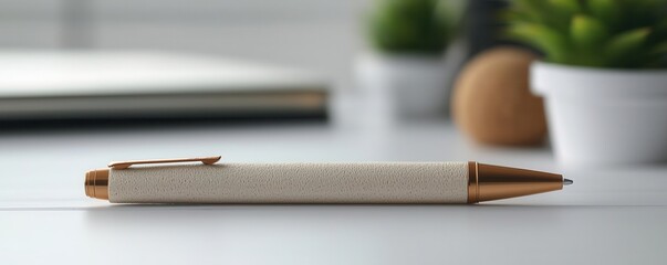 Detailed view of a biodegradable pen made from cornstarch, placed on a desk, photo-realistic, renewable office supplies