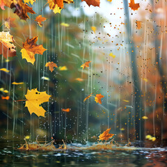 Autumn leaves with autumn rain bohem effect,
Romantic rainy autumn background

