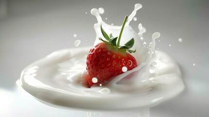 Close-up, Fresh Red Strawberry Splashing into Creamy White Milk, Creating a Dynamic Liquid Crown.
