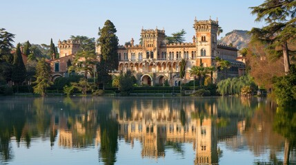 Fototapeta premium Scenic Italian Lakefront Villa Architectural Castle with Reflected Beauty in Lazio, Italy