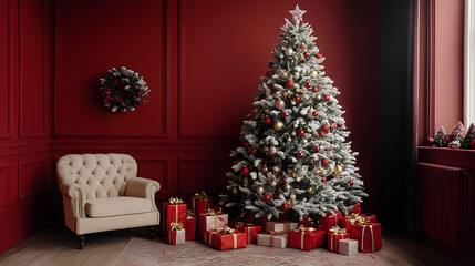 beautifully_decorated_Christmas_tree_red_background