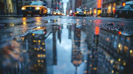 Obraz premium Big city streets with towers reflected in puddles