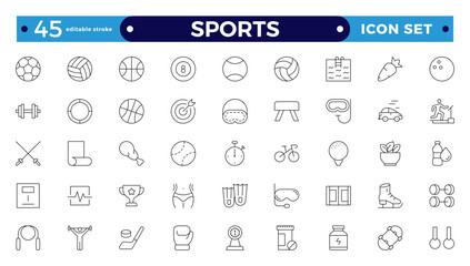 Sports icon set. Containing football, basketball, trophy, competition, medal, gym, volleyball and more. Editable stroke outline icon. 