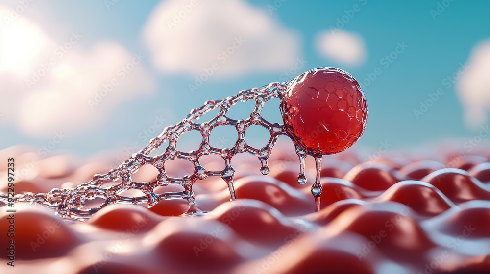Poster a futuristic abstract depiction of a red sphere captured in a web-like structure, on a textured surf