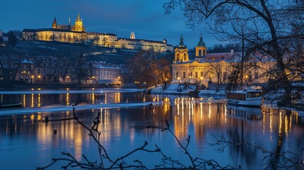 Fototapeta premium Prague Castle and Church Reflecting in Water at Dusk