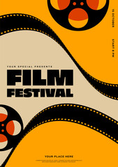 Filmstrip and film reel modern vintage retro style isolated on yellow background. Movie and film poster design template design