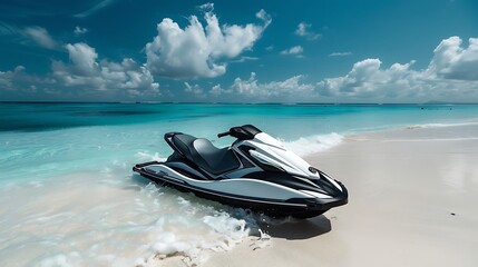 Black and white jetski for rent parked on the beach